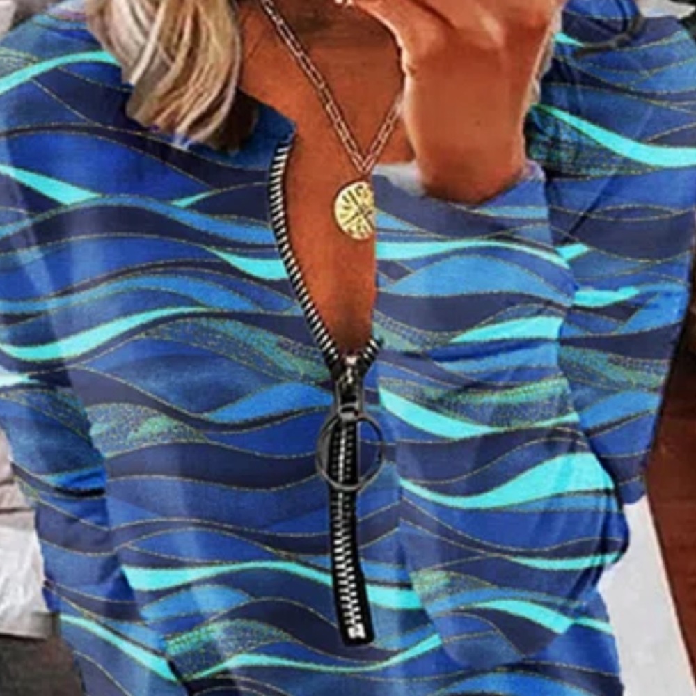 Printed Zipper Round Neck Casual Long Sleeve